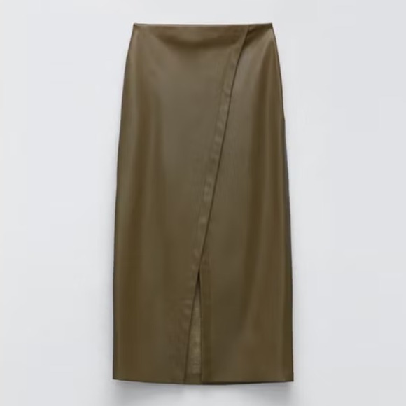 Zara Dresses & Skirts - Zara Faux Leather Midi Skirt Olive Green Size Medium NWT